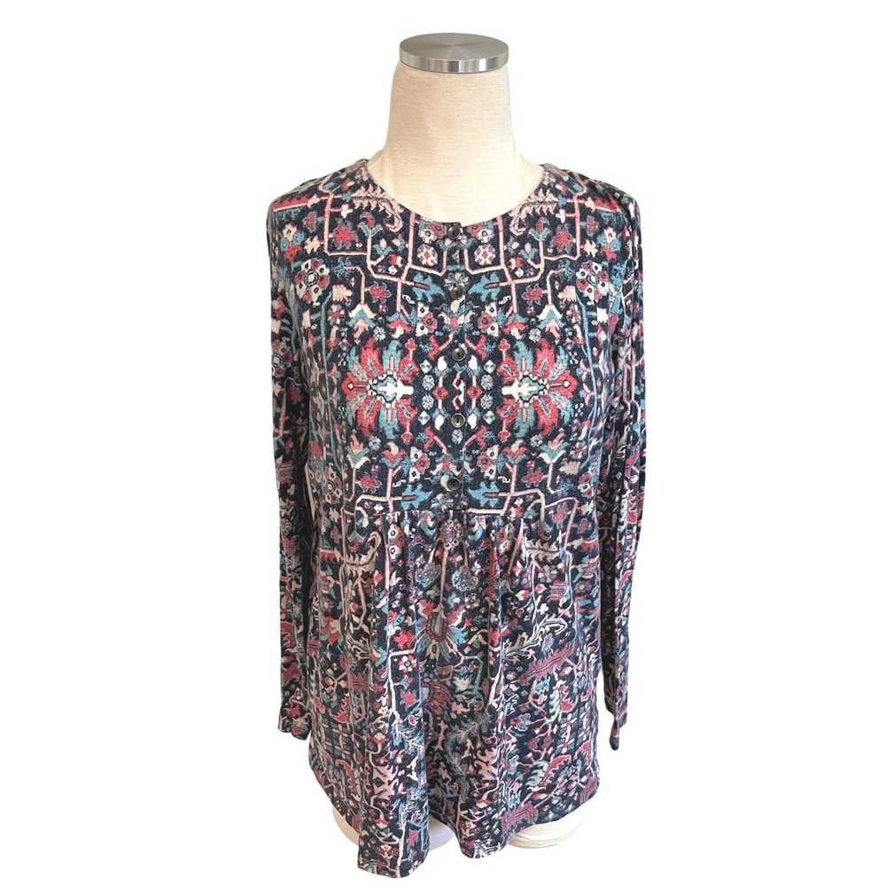 J. Jill Womens XS Navy Pink Tapestry Print Cotton‎ Babydoll Tunic Top
